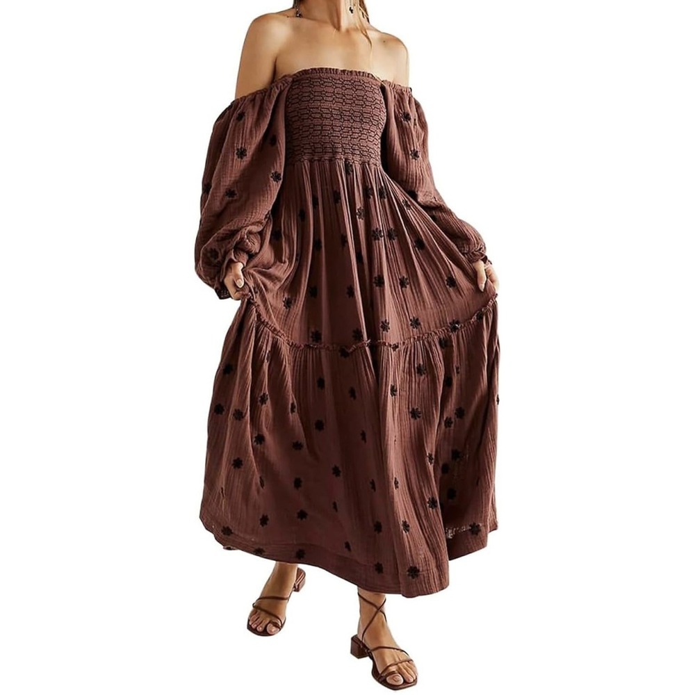 Bohemian Women's Floral Embroidered Smocked Tiered Maxi Dress Brown Sz S